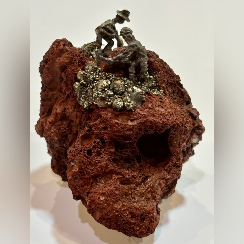 Natural Lava Rock with Two Handcrafted Pewter Sculptures Figurines on Top